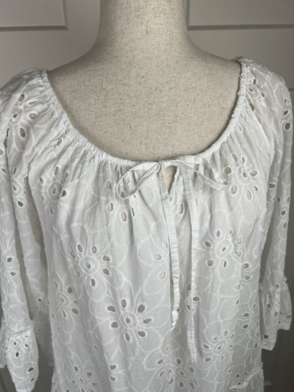 Valentina Naldi Italy White Eyelet Dress Tiered Bell Sleeve Cotton Medium - Picture 5 of 13
